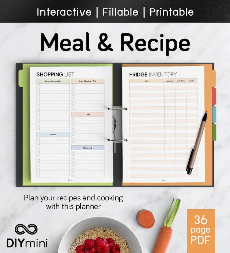 Meal & Recipe Planner Interactive Fillable PDF Printable Etsy