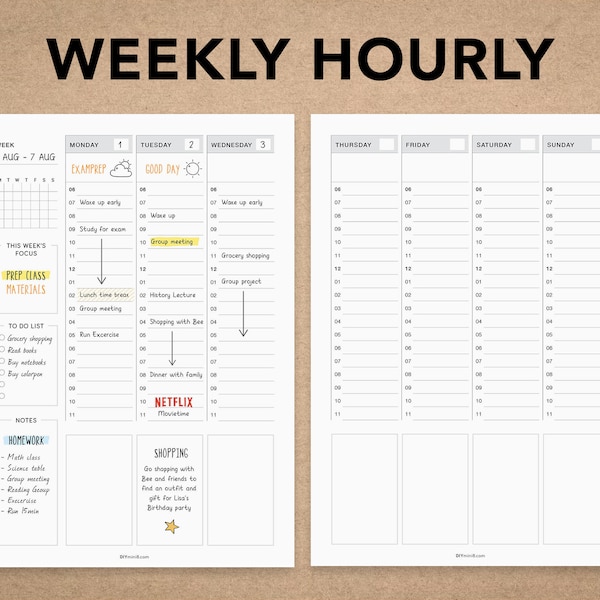 Weekly hourly | Productivity Planner | Printable Daily Schedule Planner | Instant download PDF| organizer | A4 | US Letter