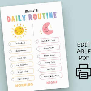 Puede incluir: Un gráfico de rutina diaria imprimible para niños con un sol amarillo y una luna rosa. El gráfico enumera las actividades para la mañana y la noche, como hacer la cama, vestirse, desayunar, cepillarse los dientes, la hora del baño, la hora del cuento y los besos de buenas noches.