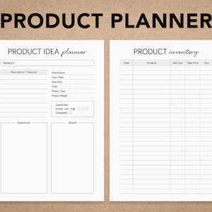 May include: A black and white printable product planner with two sections: "PRODUCT IDEA planner" and "PRODUCT inventory". The "PRODUCT IDEA planner" section includes fields for product name, description, manufacturer, cost, sale price, profit, product type, product weight, launch date, priority, and completed. The "PRODUCT inventory" section includes fields for date, product, net cost, sale price, and quantity.
