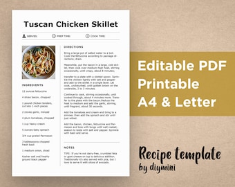Recipe Template Editable PDF |  Printable Cookbook | Editable Recipe Book