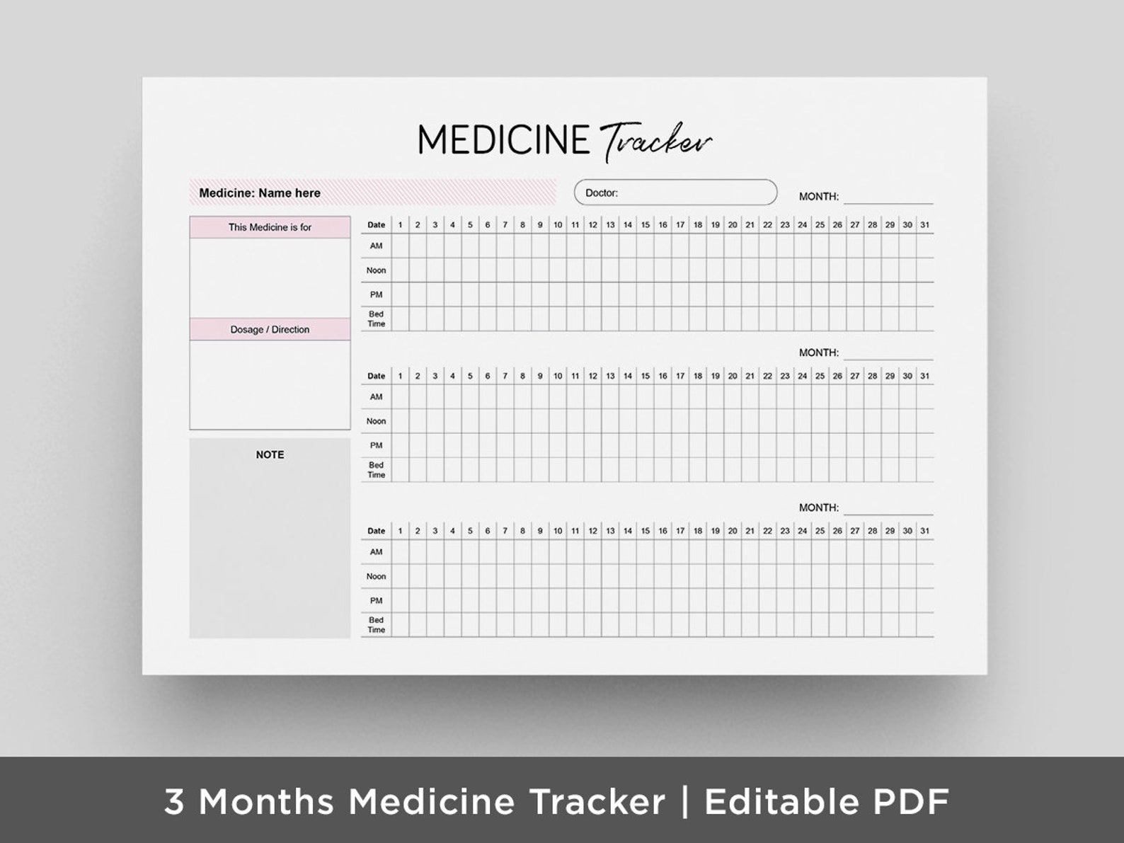 Monthly Medicine Tracker Editable PDF Instant Download | Etsy