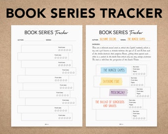 May include: A printable book series tracker with a black and white design. The tracker has sections for author, series, start date, finish date, pages, and rating. The example series is The Hunger Games by Suzanne Collins.
