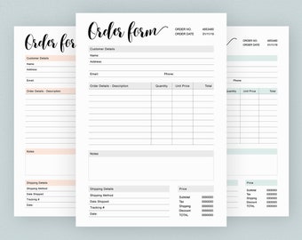 May include: Three printable order forms with a minimalist design. Each form has sections for customer details, order details, notes, and shipping details. The forms are in black and white with a light pink and light green color scheme.