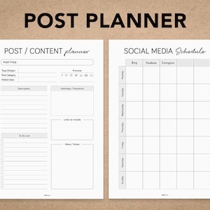 Könnte beinhalten: Ein schwarz-weißer druckbarer Planer mit dem Titel "POST PLANNER" oben. Die linke Seite des Planers ist mit "POST / CONTENT planner" beschriftet und enthält Abschnitte für "POST TITLE", "Topic/Subject", "Post Category", "Promote", "Description", "Hashtags/Keywords", "Links to include", "To Do List" und "Ideas/Notes". Die rechte Seite des Planers ist mit "SOCIAL MEDIA Schedule" beschriftet und enthält Spalten für "Blog", "Facebook" und "Instagram" mit Zeilen für jeden Tag der Woche.