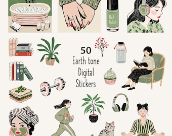 Earth Tone Digital Stickers for Self-Care and Wellness | Goodnotes Stickers | Journal Stickers | iPad Stickers | Png Stickers