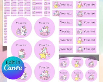 unicorn Canva editable template for school name labels, and name stickers.