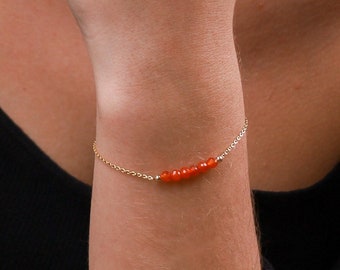 Dainty Carnelian Bracelet, Solid 14k Gold Bracelet, Natural Orange Gemstone Bracelet, Handmade Jewelry