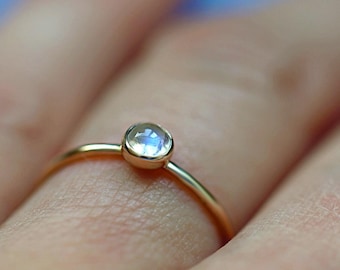 Mini Rainbow Moonstone Ring • SPHERA • 14k Solid Gold or Silver • June Birthstone • Dainty Stackable Minimalist Ring • Natural Gemstone