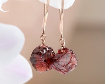 Raw Garnet Earrings, January Birthstone, Dangle Drop Stone Earrings, Raw Crystal Earrings, 14K Rose Gold, Sterling Silver, Handmade Jewelry