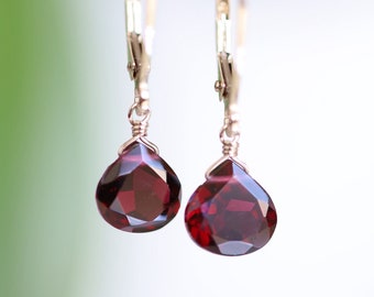 Garnet Earrings, 14k Gold Leverback Earrings, Dangle Drop Earrings, Solid Rose Gold, White Gold Earrings, Handmade Jewelry