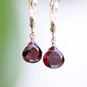 Rhodolite Garnet Earrings in 14k Solid Gold (Yellow, Rose, White), January Birthstone, Leverback Dangle Drop Earrings, Handmade Jewelry
