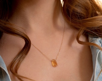 Raw Citrine Necklace, Solid 14k Gold Pendant, Sterling Silver, Genuine Dainty Raw Crystal Necklace, Handmade Jewelry