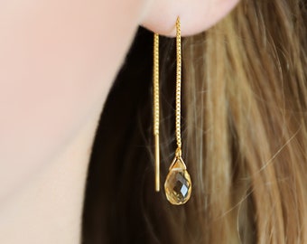 Citrine Earrings, Threader Earrings, Dangle Drop Earrings, 14k Solid Gold, Rose Gold Earrings, Splash, Handmade Jewelry