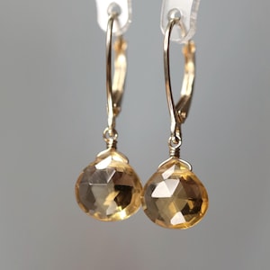 Citrine Earrings in 14k Solid Gold (Yellow, Rose, White), November Birthstone, Dangle Drop Leverback Earrings, Handmade Jewelry Charm