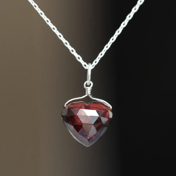 Heart Garnet Necklace, Garnet Heart Pendant, January Birthstone, Sterling Silver Crystal Necklace, Handmade Jewelry