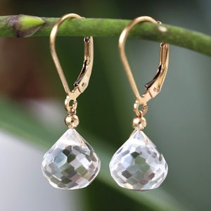 14k Gold Clear Quartz Earrings, Rock Crystal Earrings, Dangle Drop Leverback Earrings, April Birthstone, Rose Gold, Handmade Jewelry