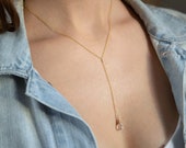 Y-Necklace with Natural Gemstone Drop, Lariat Necklace in 14k Gold Filled, Rose Gold or Sterling Silver, Birthstone Necklace, Gift for Women