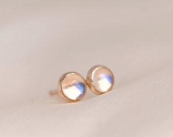 Moonstone Earrings, Rainbow Moonstone Stud Earrings, Solid 14k Rose Gold Earrings, Sterling Silver, June Birthstone, Handmade Jewelry