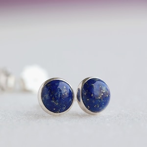 Natural Lapis Lazuli Stud Earrings in Solid 14k Rose Gold or White Gold, September Birthstone, 4mm or 6mm