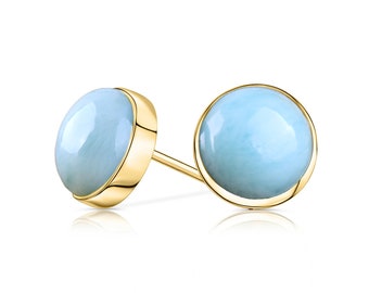 14k Gold Larimar Earrings, 8mm Dominican Larimar Stud Earrings, 14k Rose Gold, Blue Gemstone Earrings, Handmade Jewelry