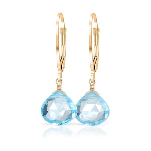 Pendientes de topacio azul cielo en oro macizo de 14 k (amarillo, rosa, blanco), pendientes colgantes, pendientes con cierre de palanca y piedra de nacimiento de diciembre, joyería con dijes.