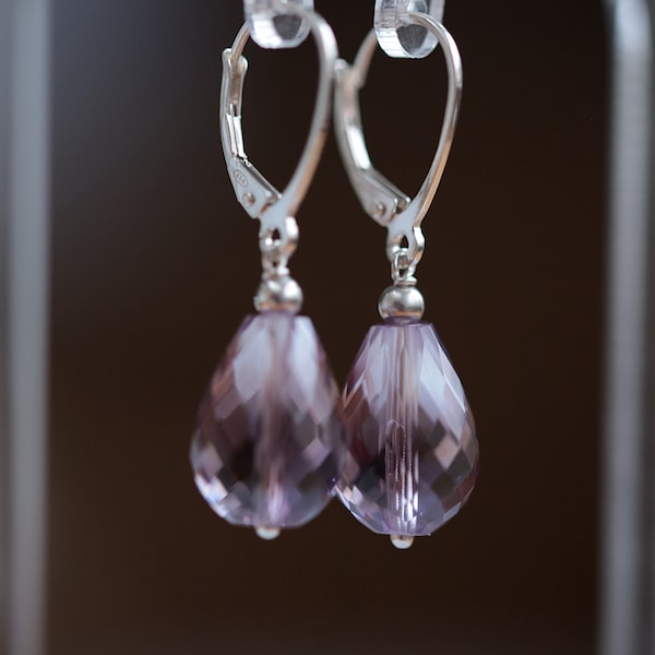 Pink Amethyst Earrings, Large Bridal Earrings, 14k Gold, Solid 14k Rose Gold Leverback Earrings, Lavender Earrings, Handmade Jewelry