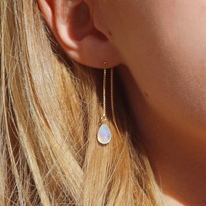 Rainbow Moonstone Earrings, Moonstone Threader Earrings, 14k Rose Gold Drop, June Birthstone, Splash, Handmade Jewelry