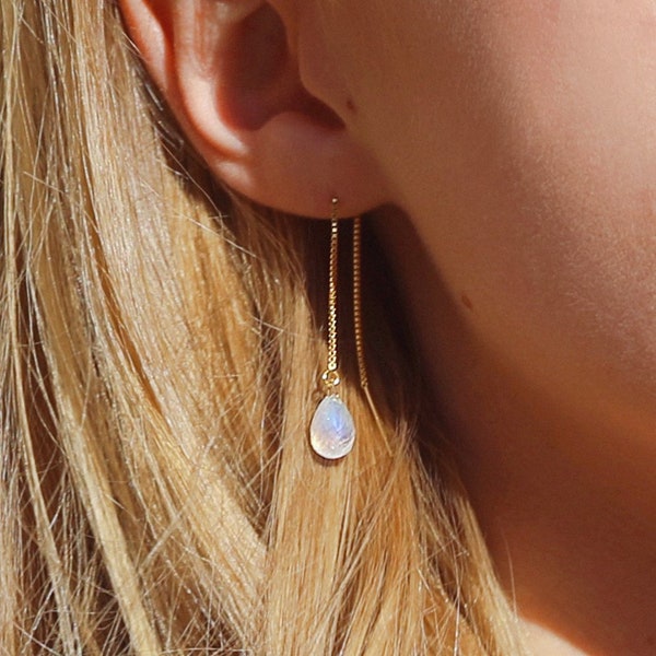 Rainbow Moonstone Earrings, Moonstone Threader Earrings, 14k Rose Gold Drop, June Birthstone, Splash, Handmade Jewelry