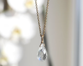 14k Gold Aquamarine Necklace, Tear Drop Pendant, Crystal Necklace, March Birthstone, Handmade Jewelry Gift for Women