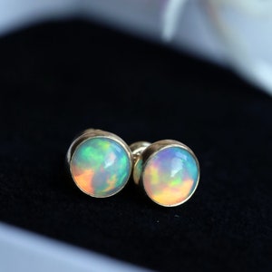 Natural Ethiopian Opal Stud Earrings in Solid 14k Rose Gold or White Gold, Genuine October Birthstone Earrings, Handmade Jewelry