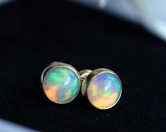 Ethiopian Opal Stud Earrings, Solid 14k Gold Genuine Opal Earrings, Natural 14k Rose Gold Earrings, Handmade Jewelry