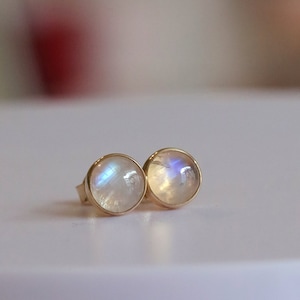 Rainbow Moonstone Stud Earrings in Solid 14k Yellow, Rose, or White Gold or Sterling Silver, June Birthstone, Handmade Jewelry Gift for Her