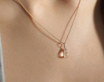 14k Gold Rock Crystal Necklace, Dainty Drop Pendant, Teardrop Clear Quartz Necklace, Handmade Jewelry Gift for Women