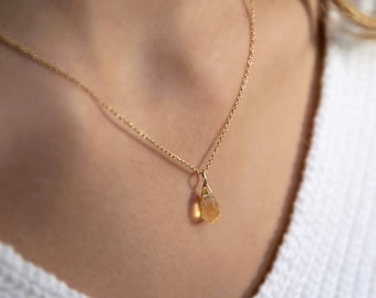 Citrine Necklace, Dainty Drop Pendant, 14k Gold Genuine Gemstone Necklace, Crystal Necklace, Handmade Jewelry