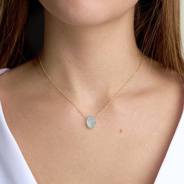 Raw Aquamarine Necklace, March Birthstone, 14k Rose Gold, Sterling Silver, Blue Stone Necklace, Raw Crystal Necklace, Handmade Jewelry