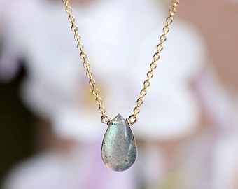Labradorite Necklace in Solid 14k Yellow, Rose or White Gold, Crystal Pendant, Natural Gemstone Jewelry, Handmade Jewelry