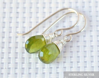 Vesuvianite Earrings, Vessonite Green Drop Stone Earrings, Idocrase, Grossular Garnet in Gold or Silver, Handmade Jewelry