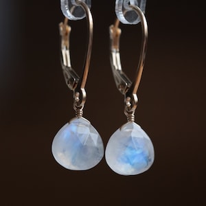 Rainbow Moonstone Earrings 14k Solid Gold (Yellow, Rose, White), June Birthstone Dangle Leverback Earrings, Handmade Jewelry, Charm Jewelry
