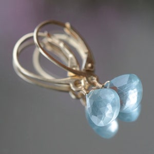 Natural Aquamarine in Earrings 14k Solid Gold (Yellow, Rose, White), March Birthstone Dangle Drop Leverback Earrings, Charm Jewelry