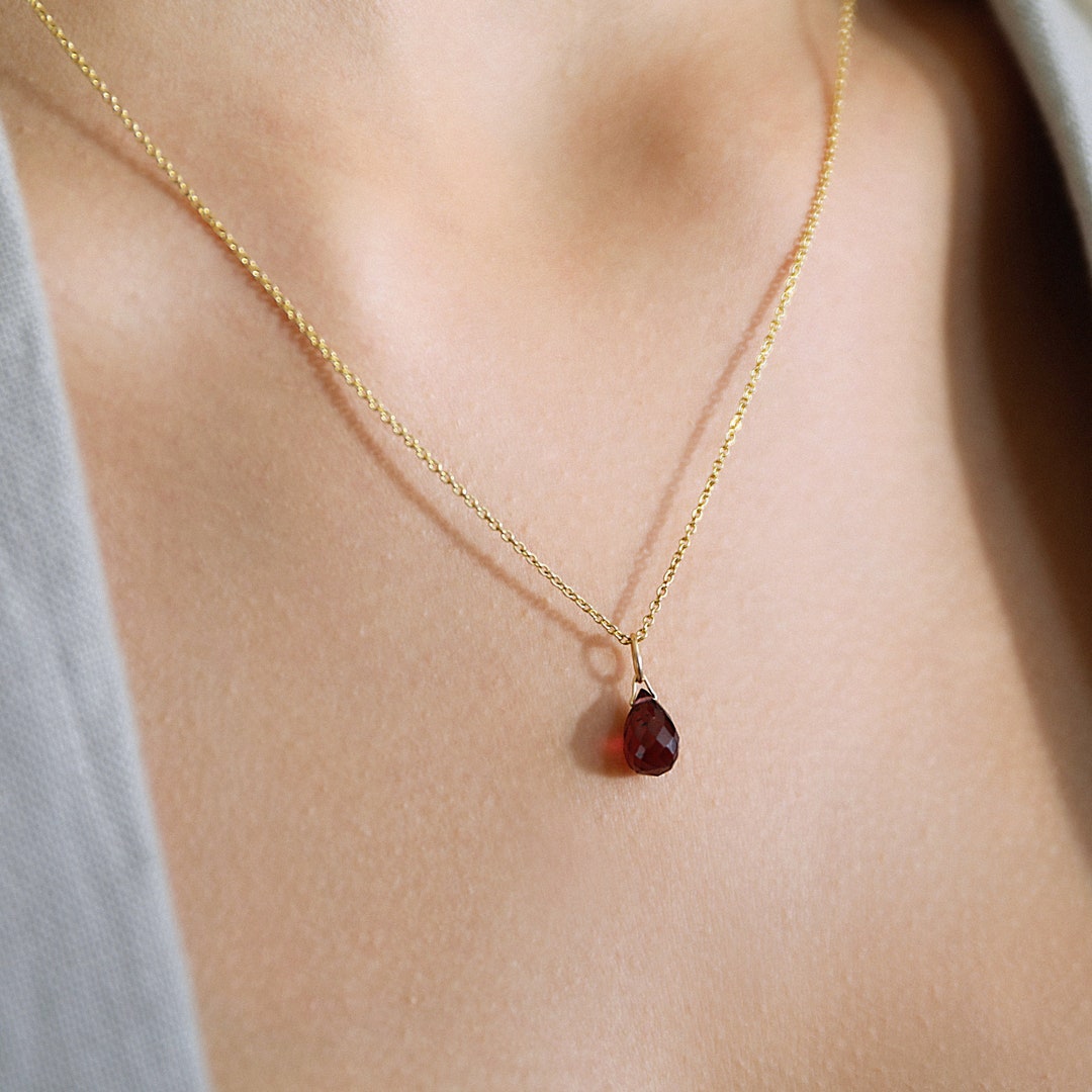 Garnet Necklace, 14k Gold Dainty Drop Garnet Pendant, January
