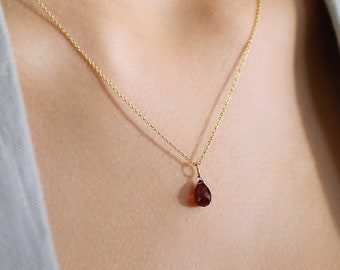 Garnet Necklace, 14k Gold Dainty Drop Garnet Pendant, January Birthstone, Crystal Necklace, Handmade Jewelry Gift for Women