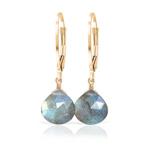 Labradorite Earrings in 14k Solid Gold (Yellow, Rose, White), Dangle Drop Leverback Earrings, Handmade Jewelry, Charm Jewelry