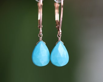 14k Gold Turquoise Earrings, Natural Arizona Turquoise Earrings, Dangle Drop Earrings, Solid Rose Gold, Handmade Jewelry