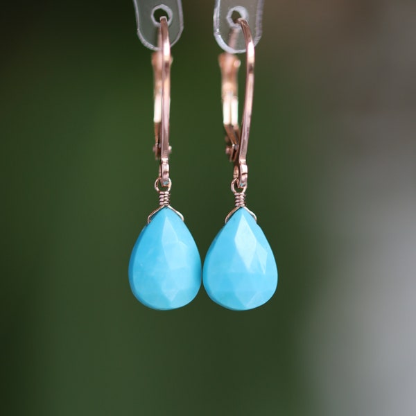 14k Gold Turquoise Earrings, Natural Arizona Turquoise Earrings, Dangle Drop Earrings, Solid Rose Gold, Handmade Jewelry