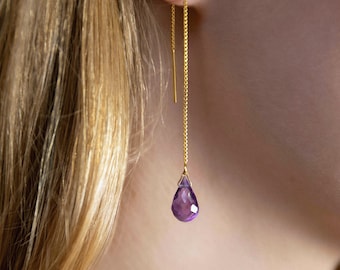 Amethyst Earrings, Amethyst Threader Earrings, 14k Rose Gold Tear Drop Dangle Earrings, February Birthstone, Handmade Jewelry