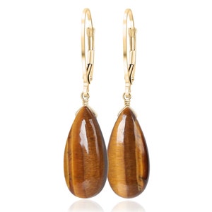 14k Gold Tiger Eye Earrings, Solid Rose Gold or White Gold Earrings, Gemstone Leverback Earrings, Handmade Jewelry