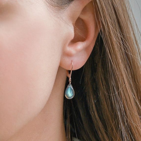 14k Gold Labradorite Earrings Solid Rose Gold Dangle Drop