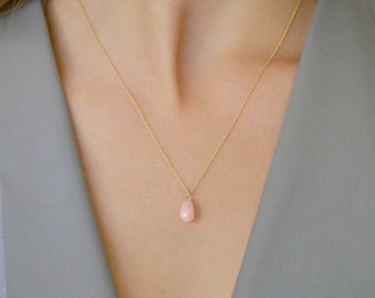 14k Gold Pink Opal Necklace, Dainty Drop Pendant, Genuine Crystal Necklace, Handmade Jewelry Gift for Women