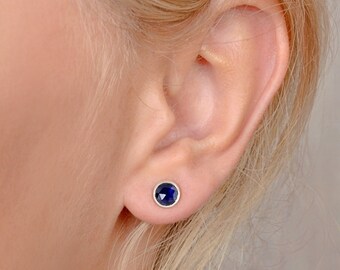 Blue Sapphire Earrings, Sapphire Stud Earrings, Sterling Silver Earrings, Rose Cut Sapphire, Handmade Jewelry